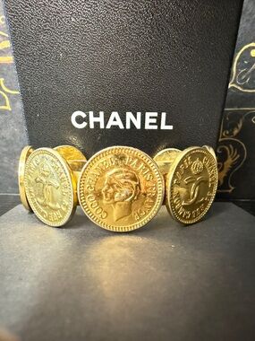 CHANEL Vintage Iconic Gold Tone Coins Bangle Bracelet